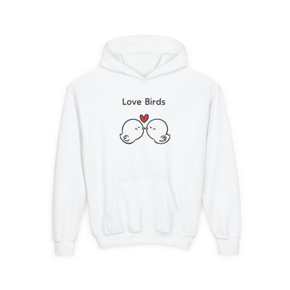 White love birds hoodie kids with cartoon birds and heart design printed by Printify