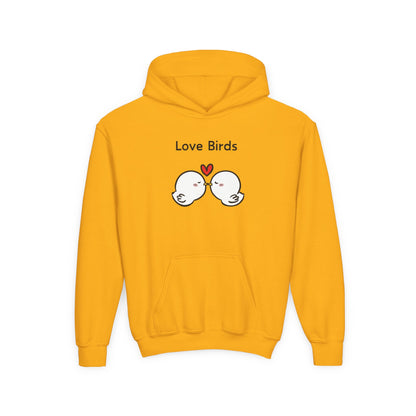 Yellow kids hoodie with love birds hoodie kids design featuring two cute birds and a heart