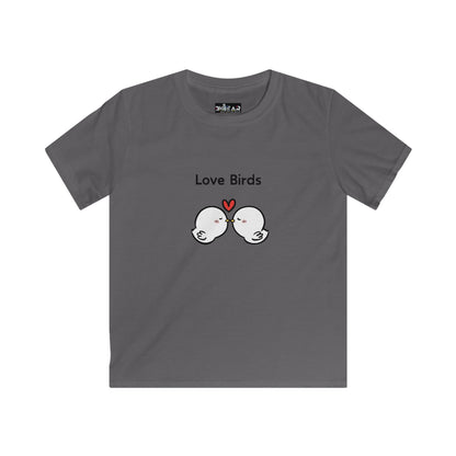 Gray kids shirt featuring a cute love birds design with two white birds and a red heart above them