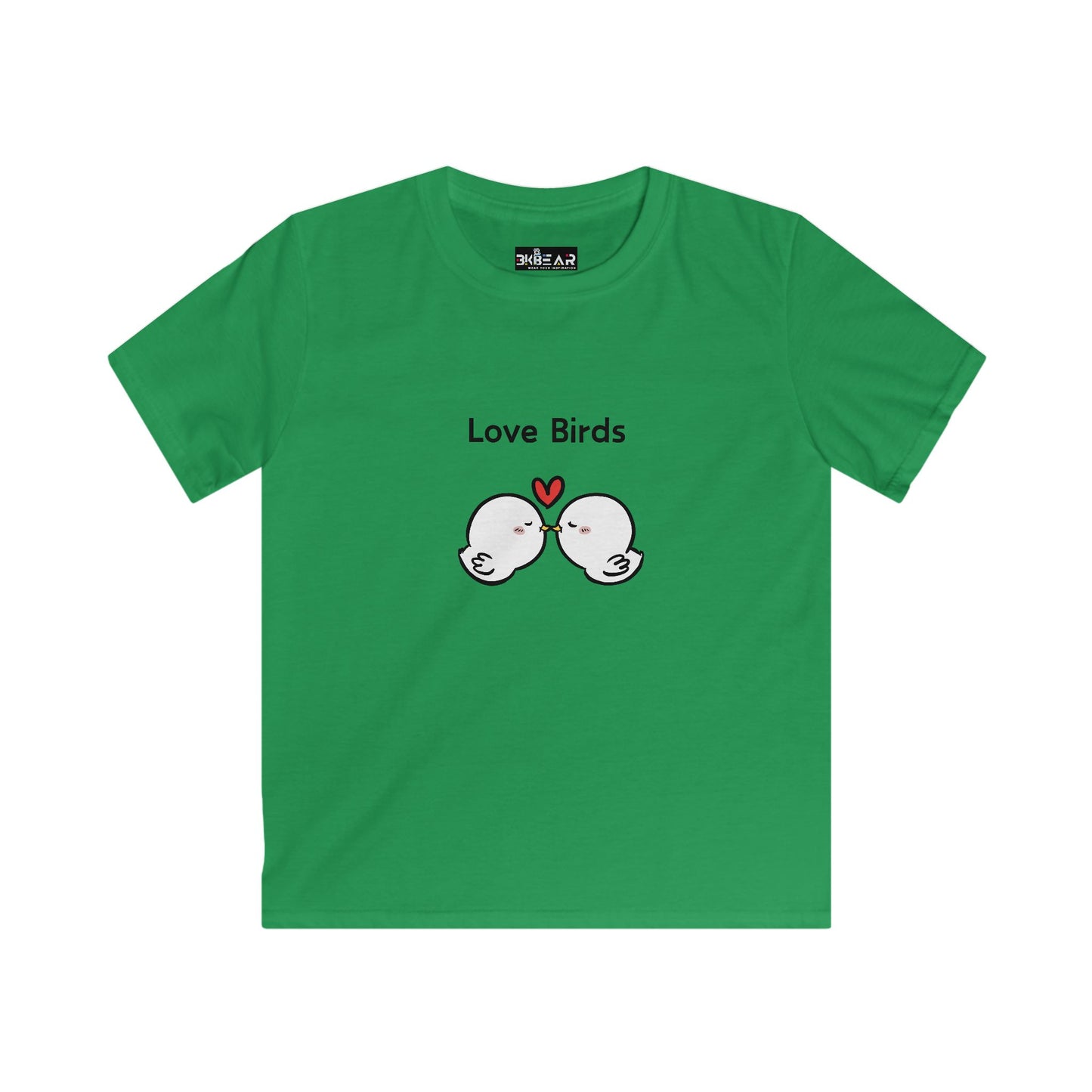 Green kids shirt with cute cartoon birds and text Love Birds kids shirt by Printify