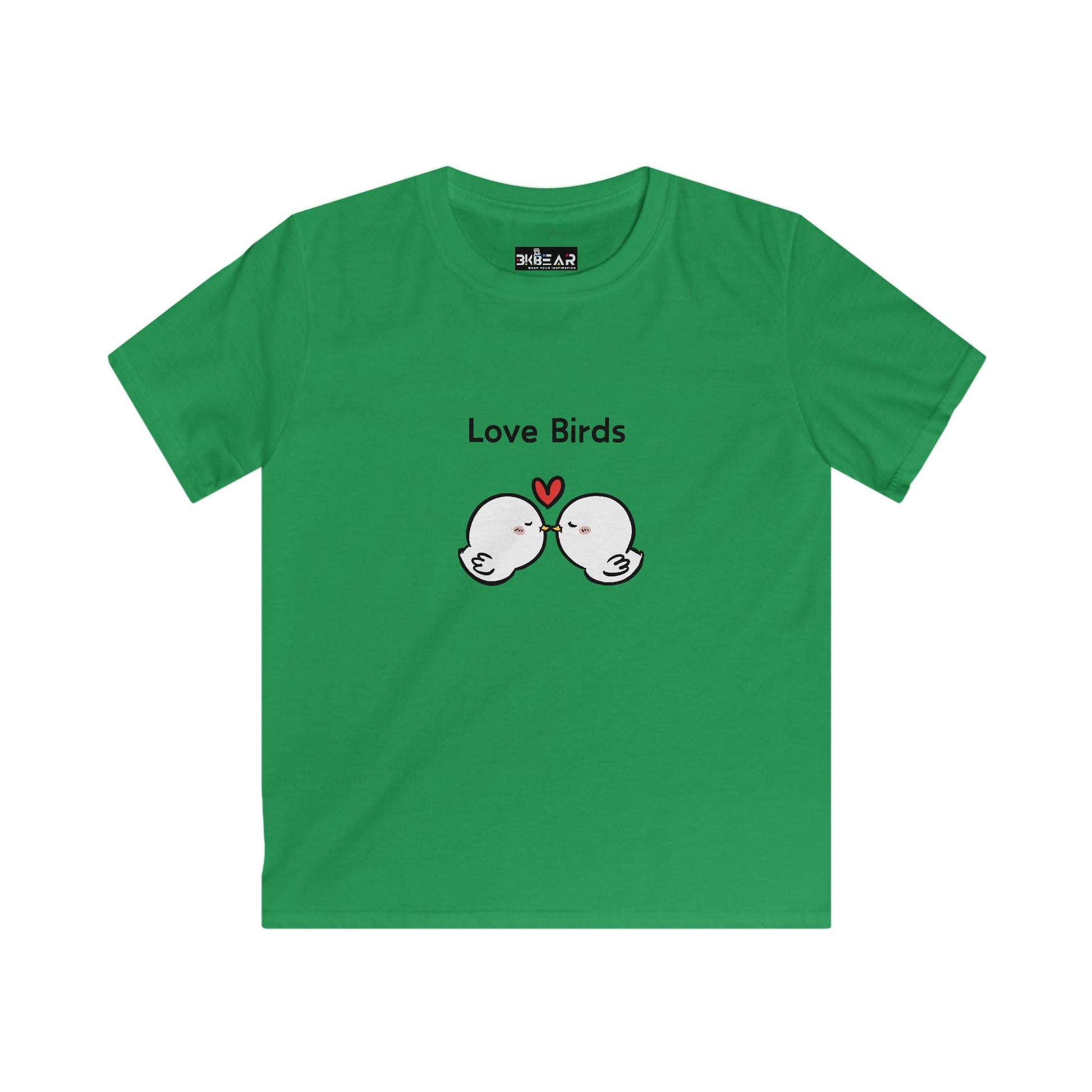 Green kids shirt with cute cartoon birds and text Love Birds kids shirt by Printify