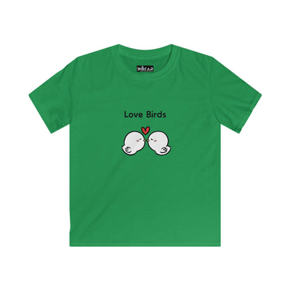 Green kids shirt with cute cartoon birds and text Love Birds kids shirt by Printify