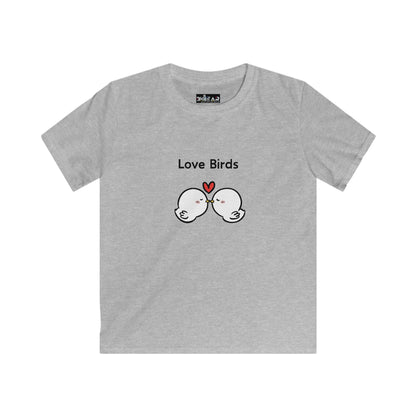 Gray kids shirt by Printify featuring a cute love birds kids shirt design with two kissing birds and a heart