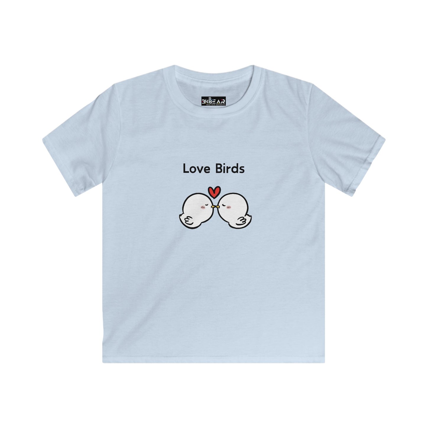 Light blue kids shirt from Printify with cute love birds kids shirt design featuring two kissing birds and a red heart