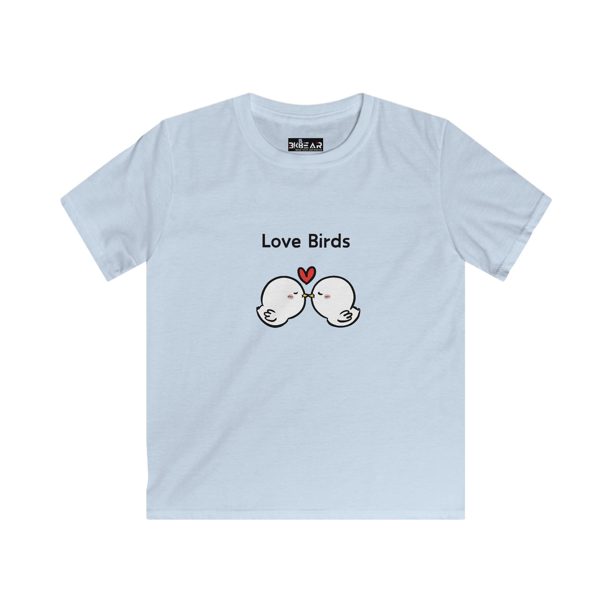 Light blue kids shirt from Printify with cute love birds kids shirt design featuring two kissing birds and a red heart
