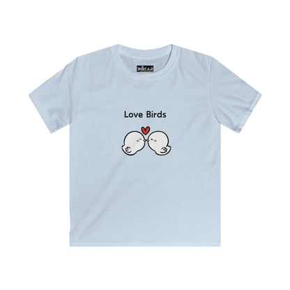 Light blue kids shirt from Printify with cute love birds kids shirt design featuring two kissing birds and a red heart