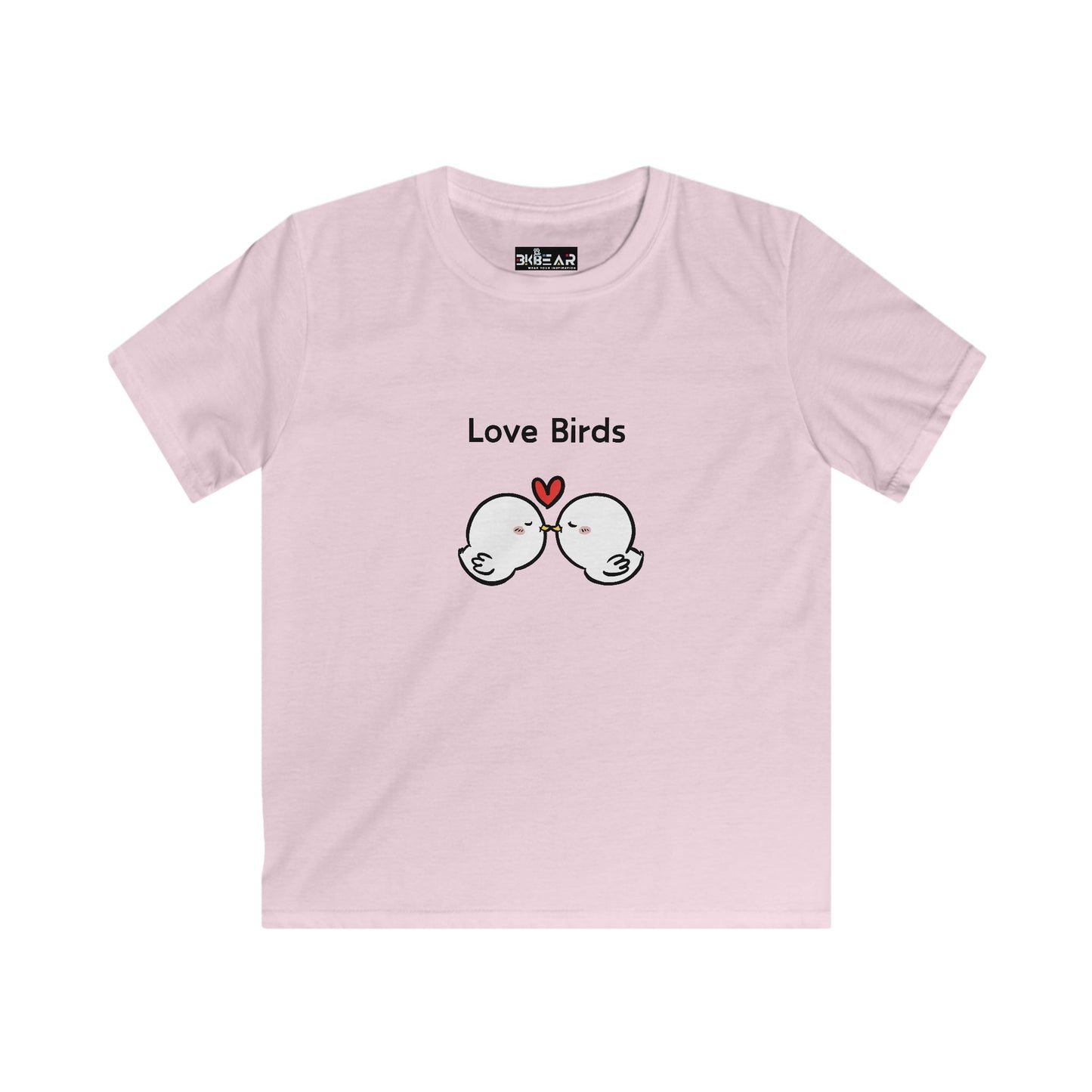 Pink love birds kids shirt with cute bird graphic and heart design by Printify