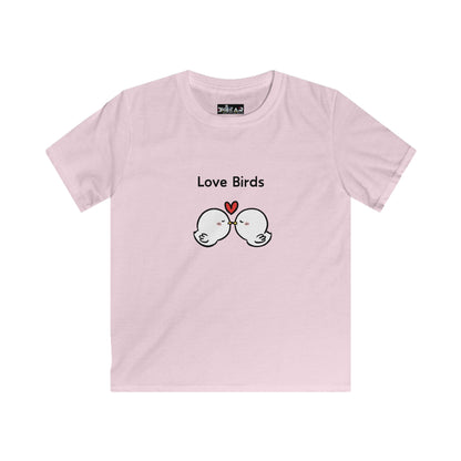 Pink love birds kids shirt with cute bird graphic and heart design by Printify