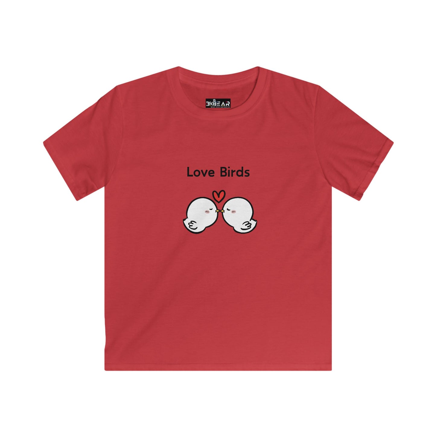 Red love birds kids shirt with cute white bird graphic and heart design by Printify