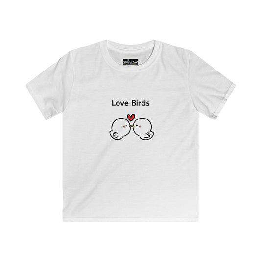 White kids shirt with love birds kids shirt design featuring two kissing birds and a red heart