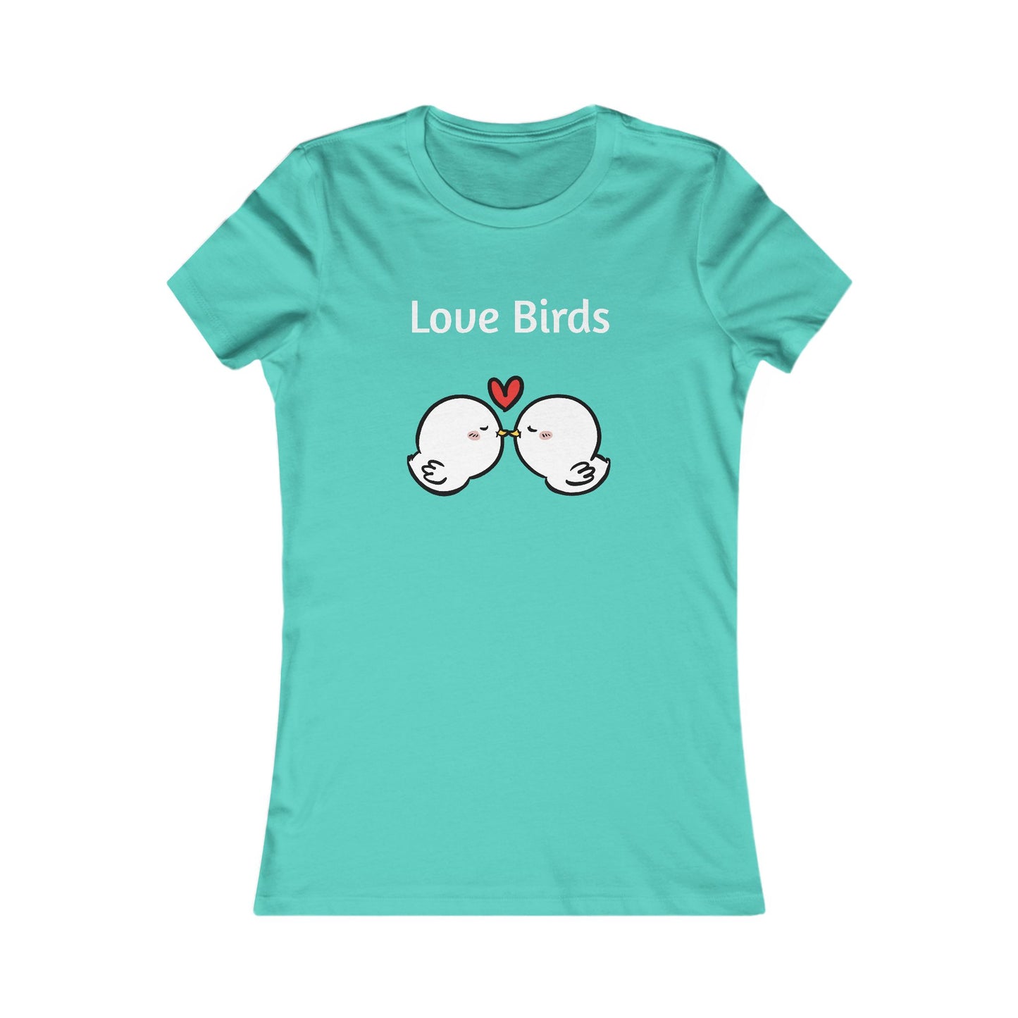 Turquoise Printify ladies t with Love Birds cartoon and heart design