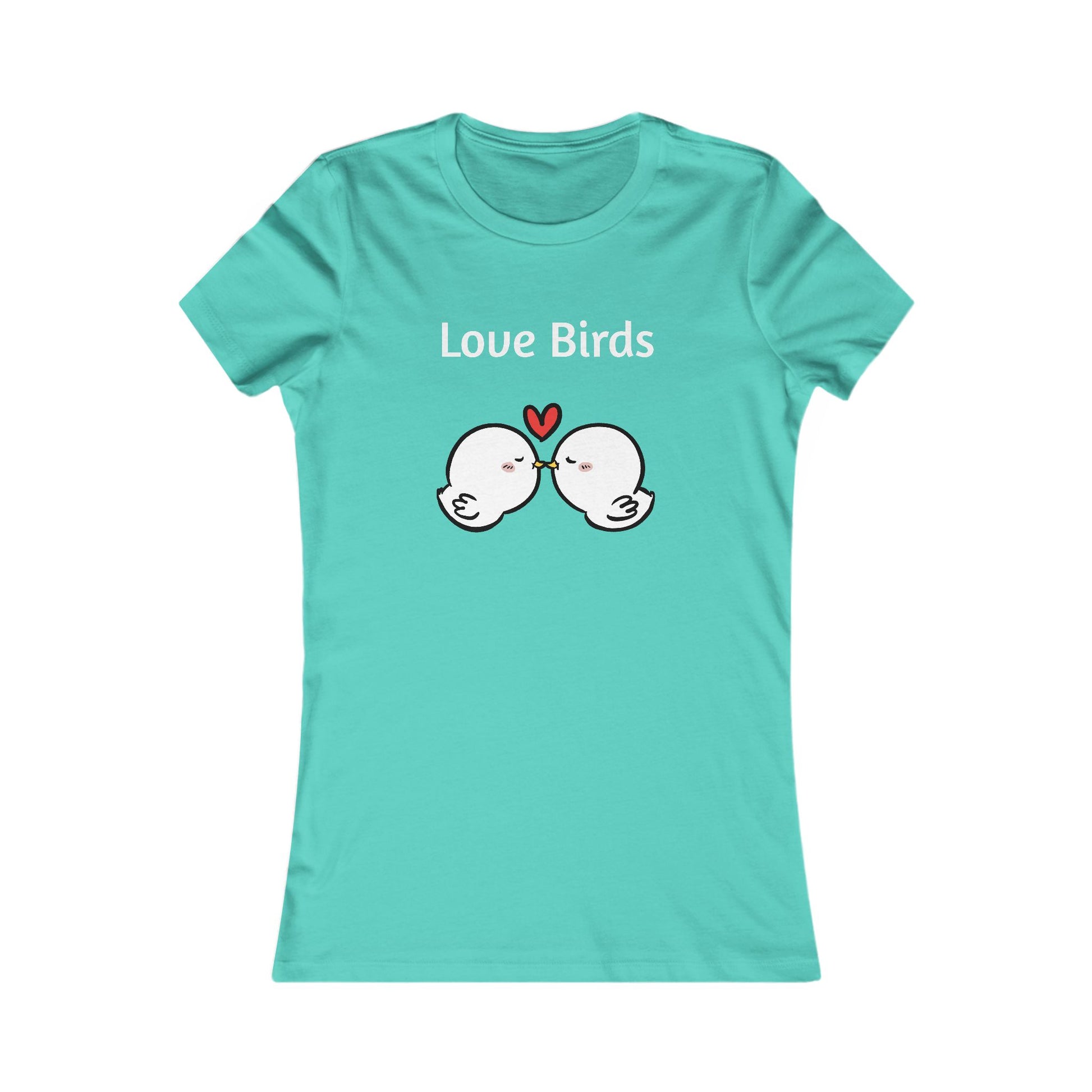 Turquoise Printify ladies t with Love Birds cartoon and heart design