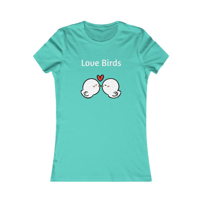 Turquoise Printify ladies t with Love Birds cartoon and heart design