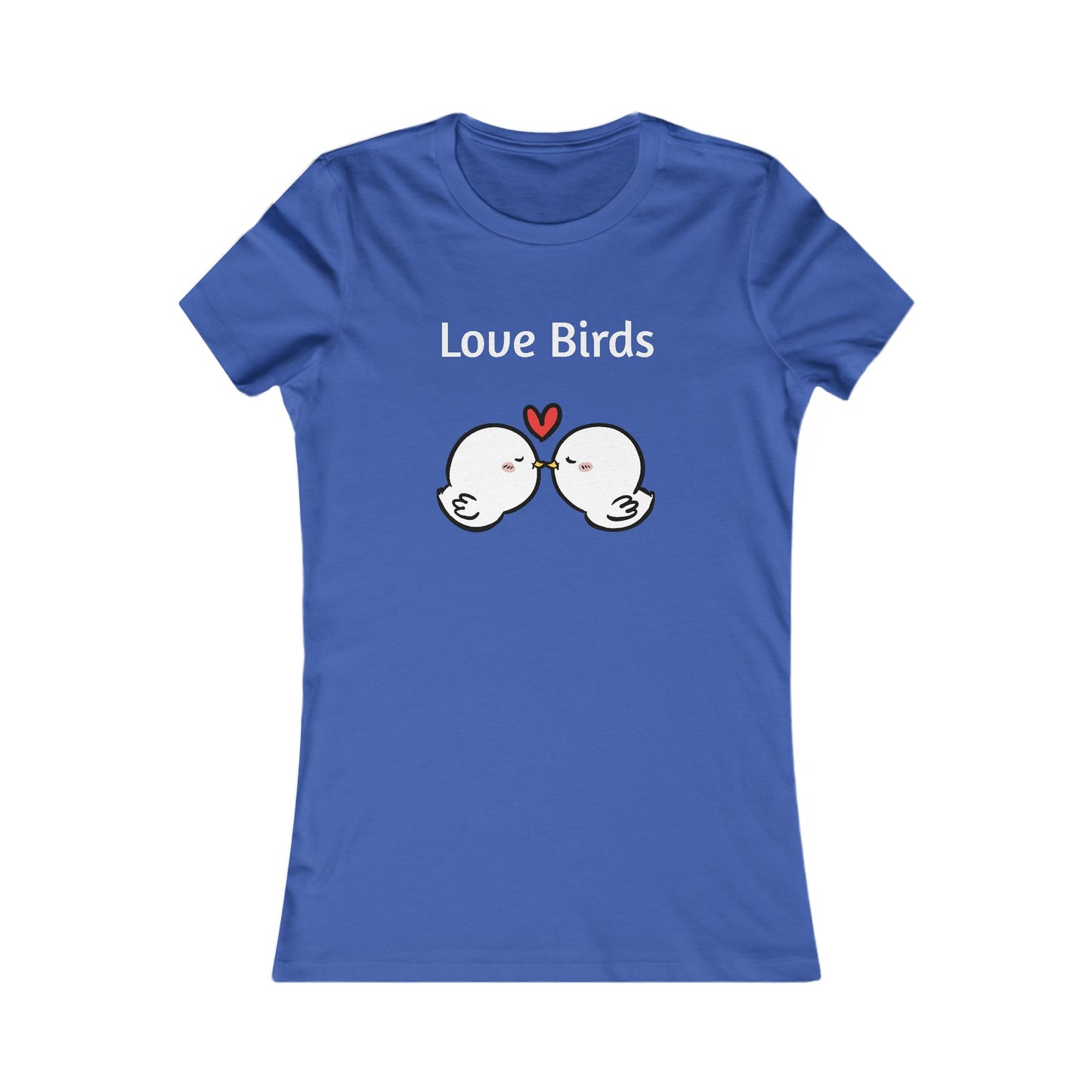 Blue ladies t from Printify featuring cute love birds graphic with heart and text