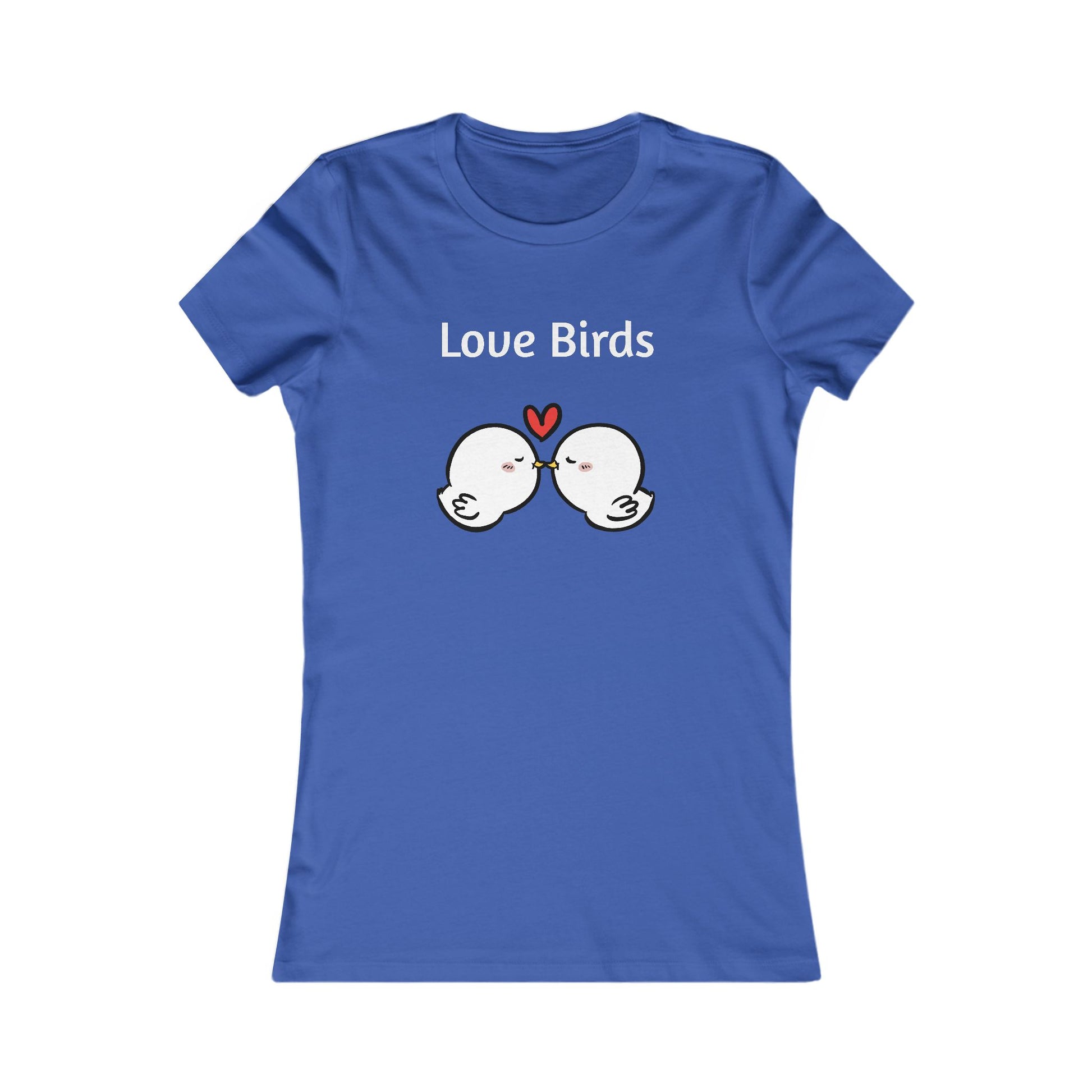 Blue ladies t from Printify featuring cute love birds graphic with heart and text