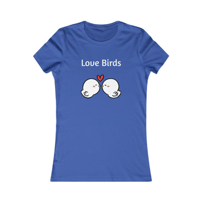 Blue ladies t from Printify featuring cute love birds graphic with heart and text