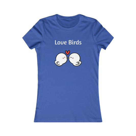 Blue ladies t from Printify featuring cute love birds graphic with heart and text