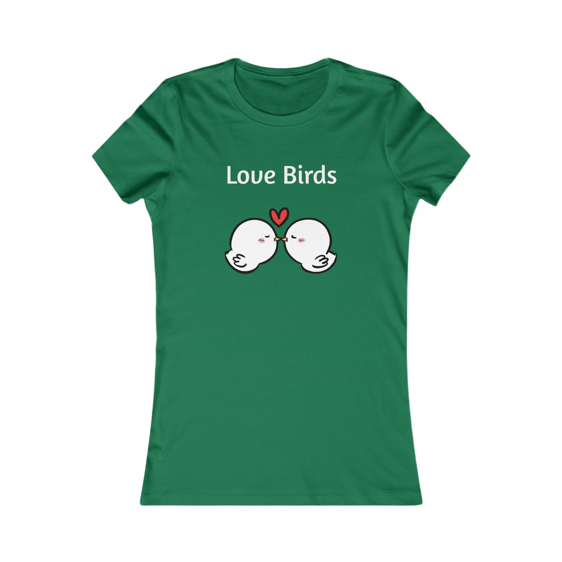 Green Printify ladies t with Love Birds graphic and two kissing white birds design