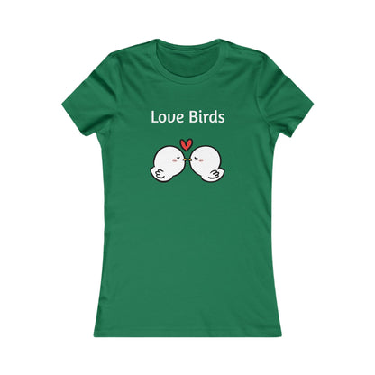 Green Printify ladies t with Love Birds graphic and two kissing white birds design