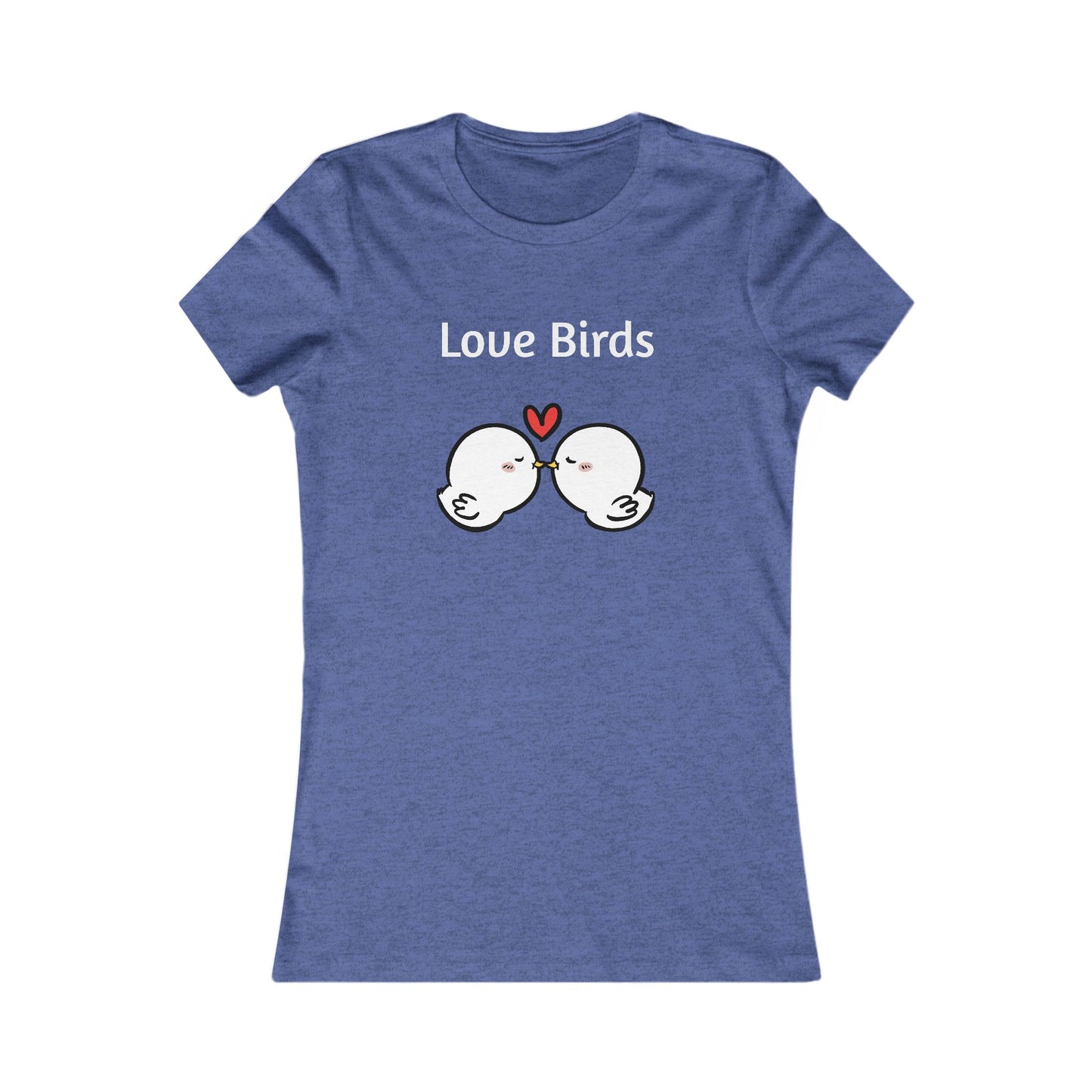 Printify ladies t blue shirt with Love Birds cartoon design and heart graphic