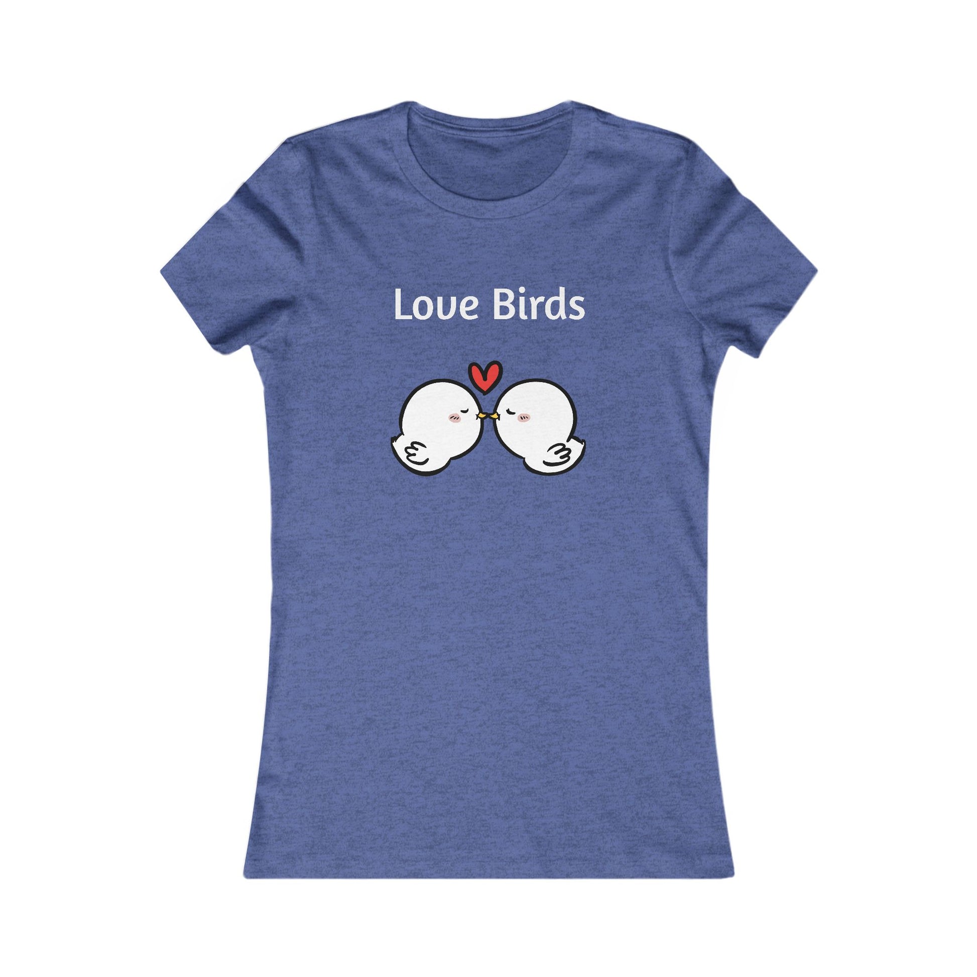 Printify ladies t blue shirt with Love Birds cartoon design and heart graphic