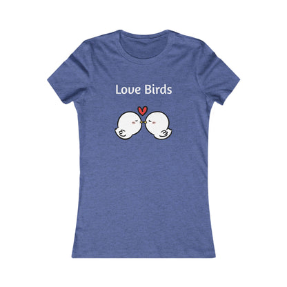 Printify ladies t blue shirt with Love Birds cartoon design and heart graphic