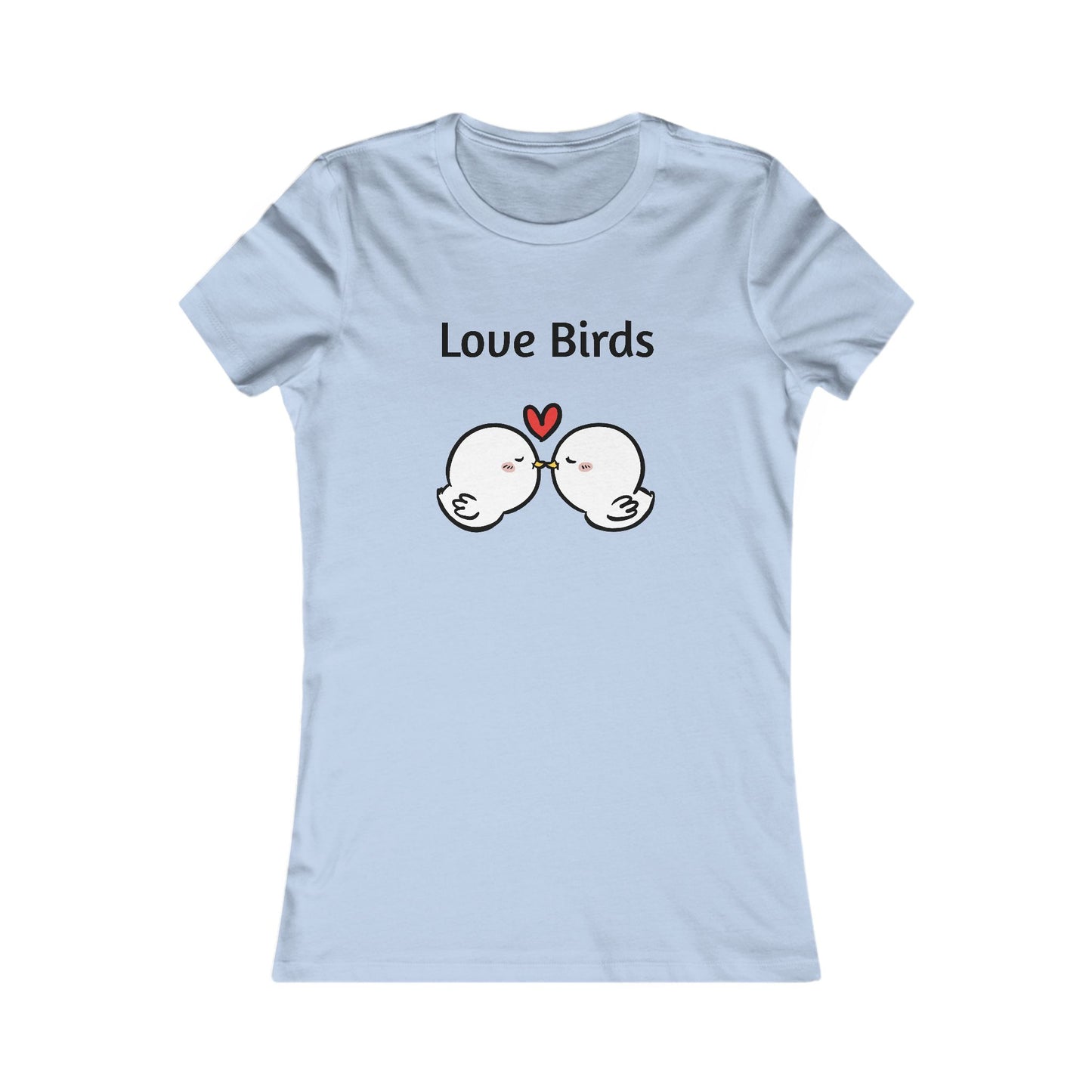 Light blue ladies t with Love Birds graphic and two white birds kissing with a heart above