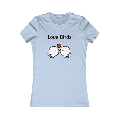 Light blue ladies t with Love Birds graphic and two white birds kissing with a heart above