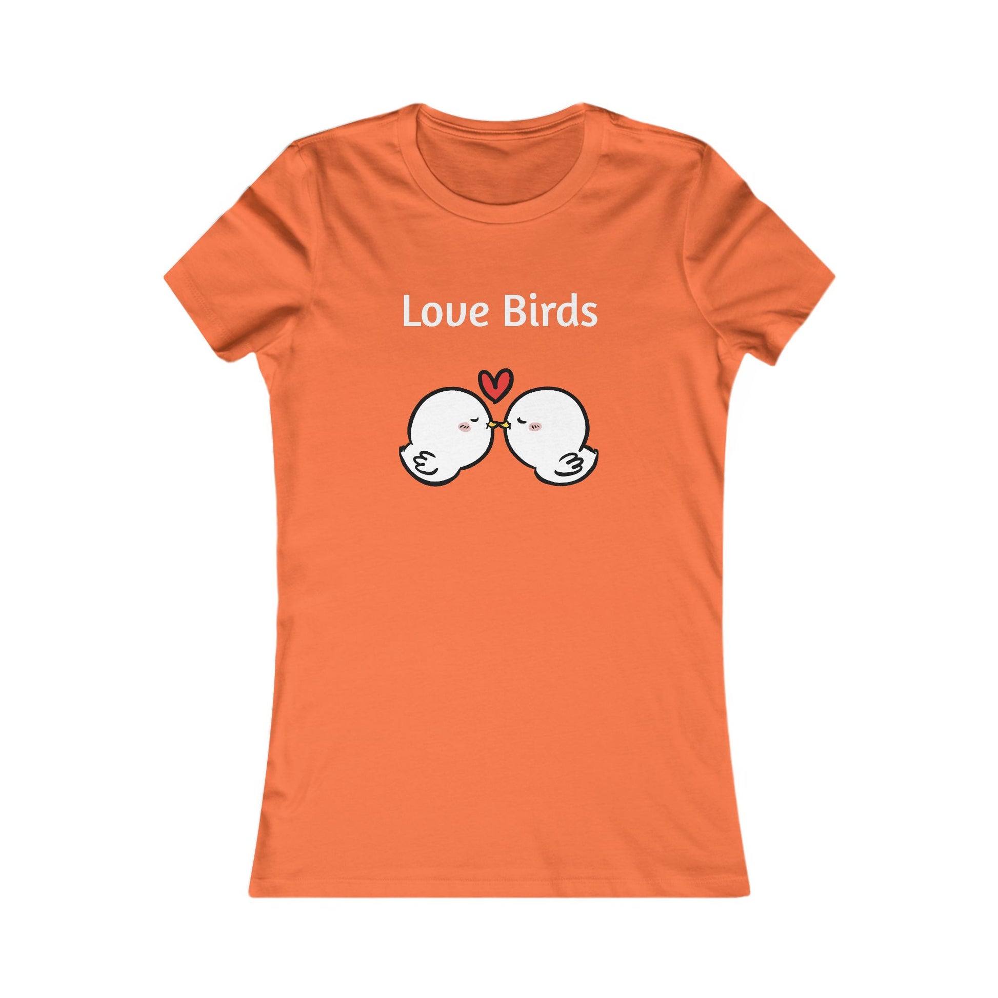 Orange ladies t with cute love birds graphic and text on front by Printify