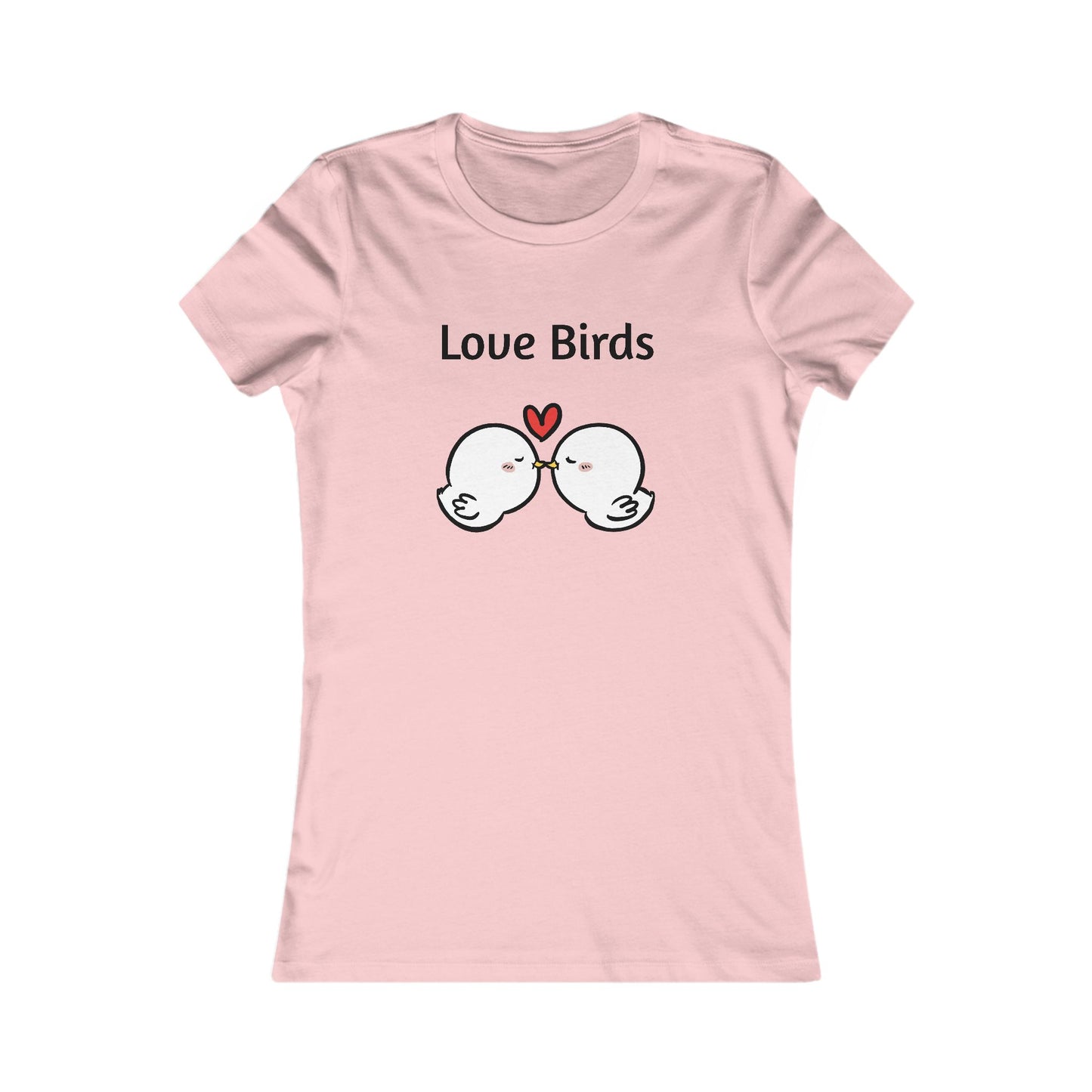 Pink ladies t shirt by Printify with Love Birds cartoon design and heart graphic