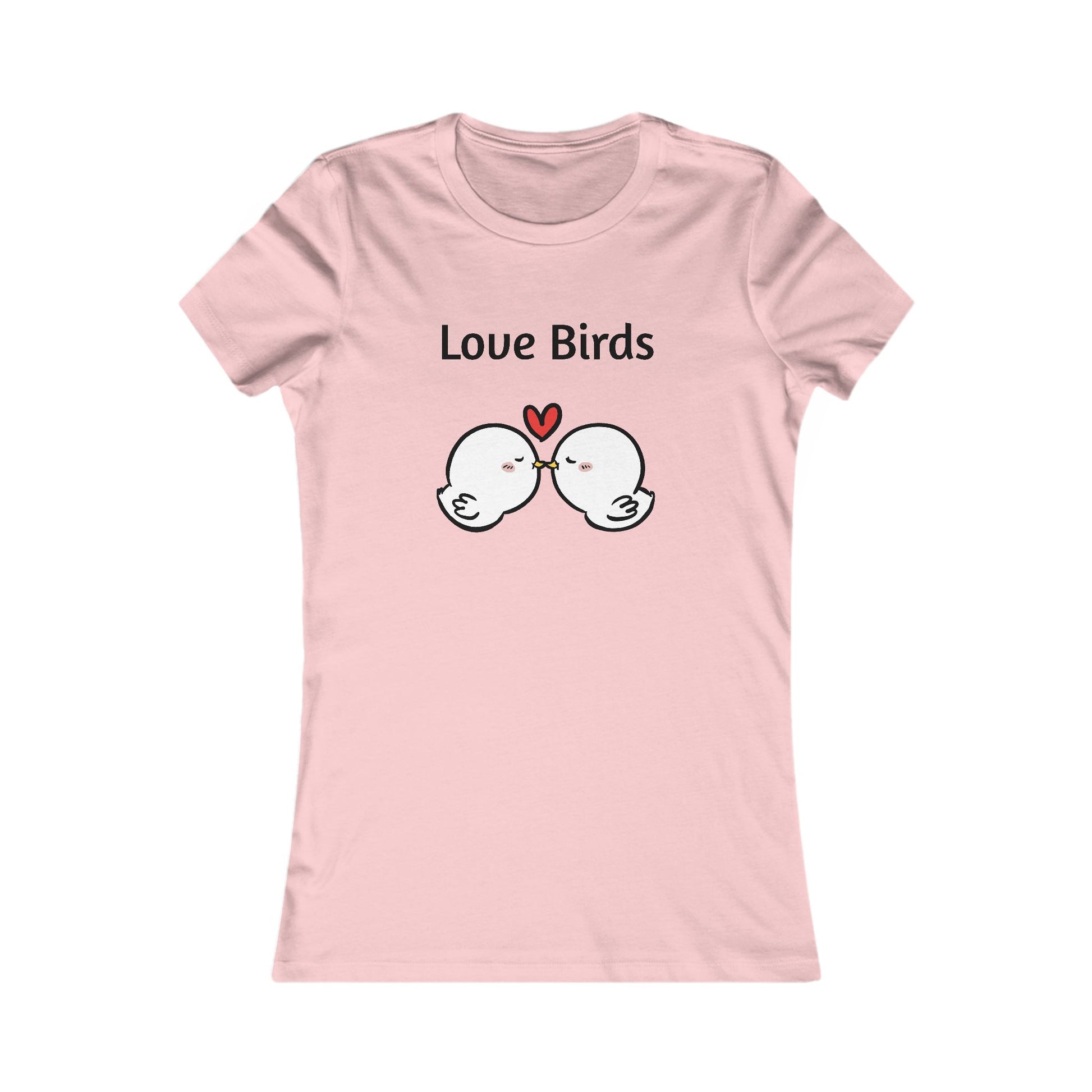 Pink ladies t shirt by Printify with Love Birds cartoon design and heart graphic