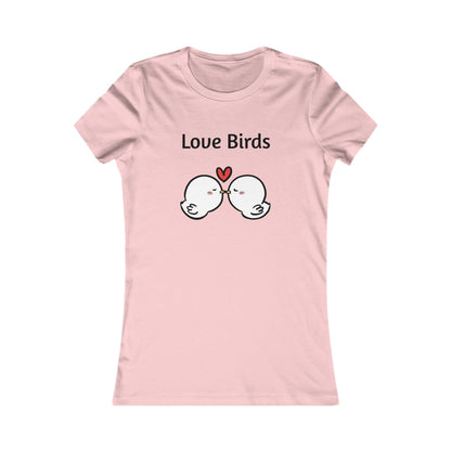 Pink ladies t shirt by Printify with Love Birds cartoon design and heart graphic