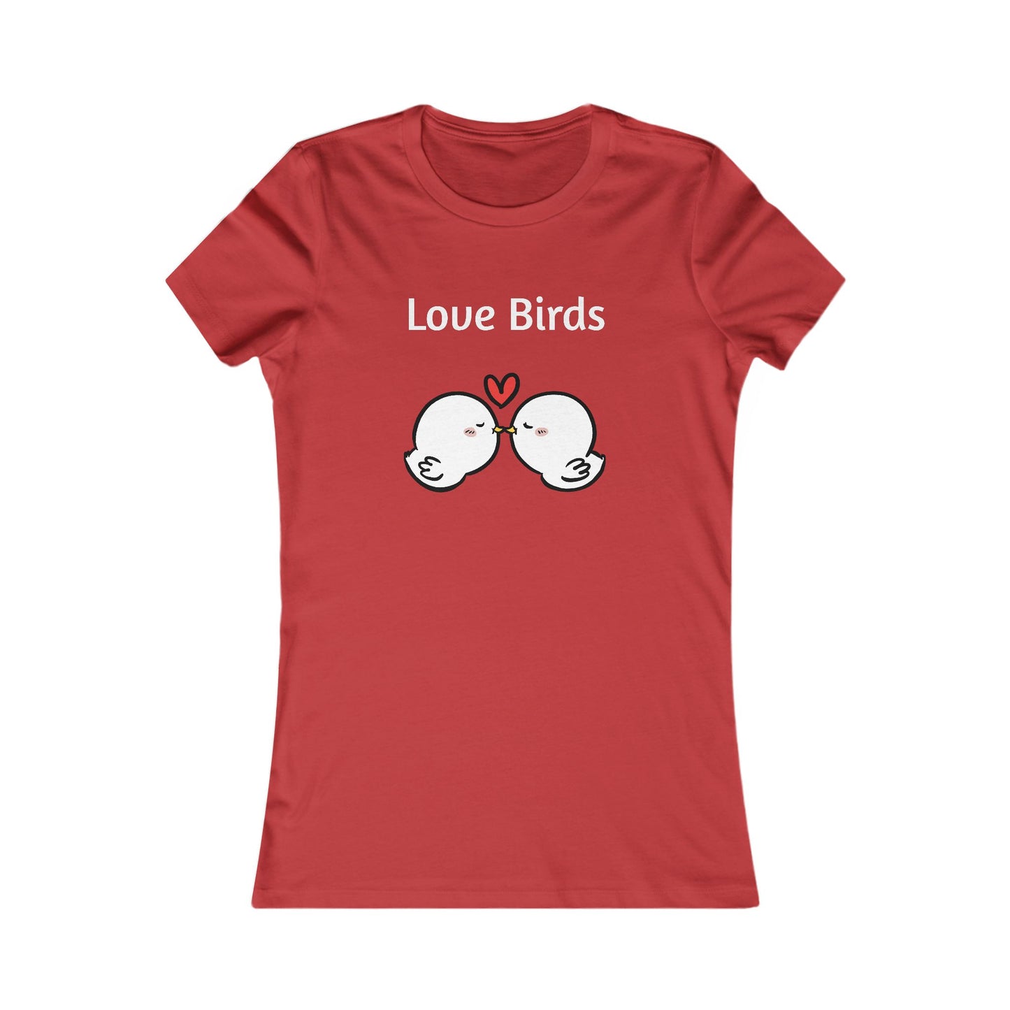 Red Printify ladies t with Love Birds print featuring two kissing birds and heart design