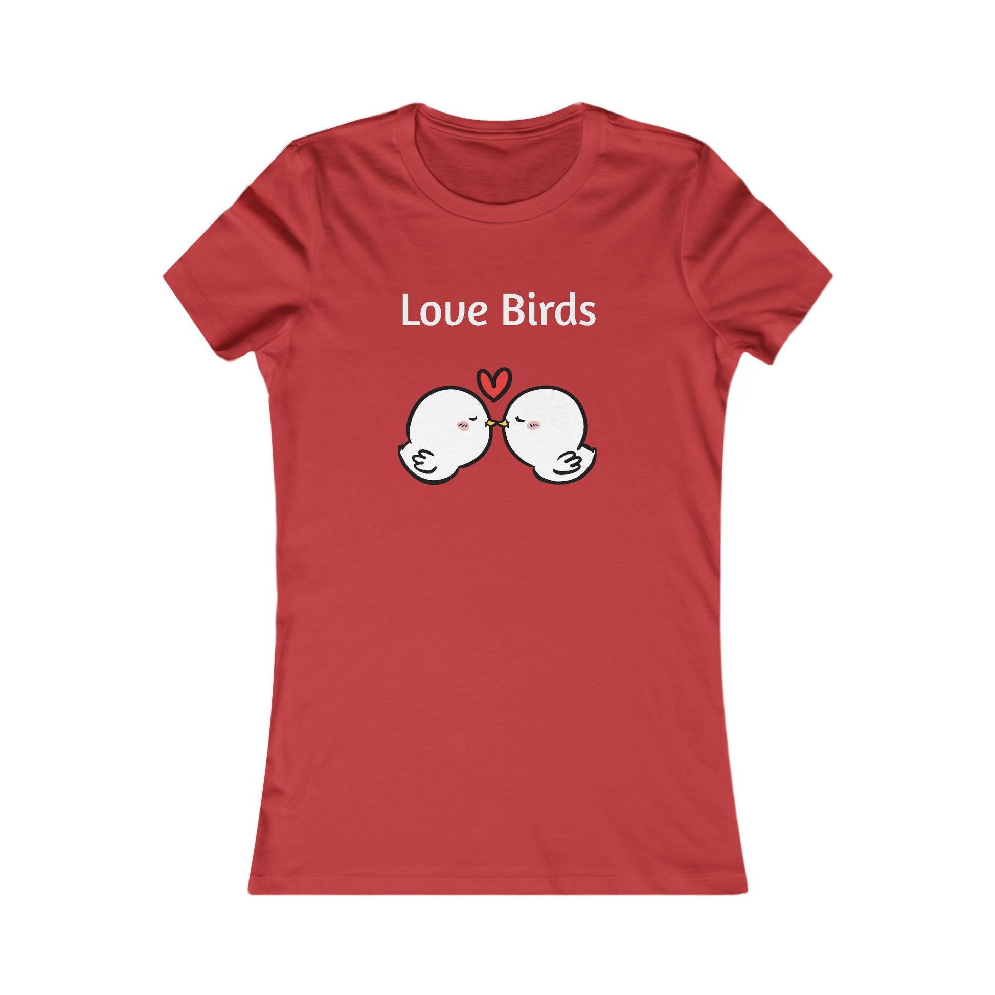 Red Printify ladies t with Love Birds print featuring two kissing birds and heart design