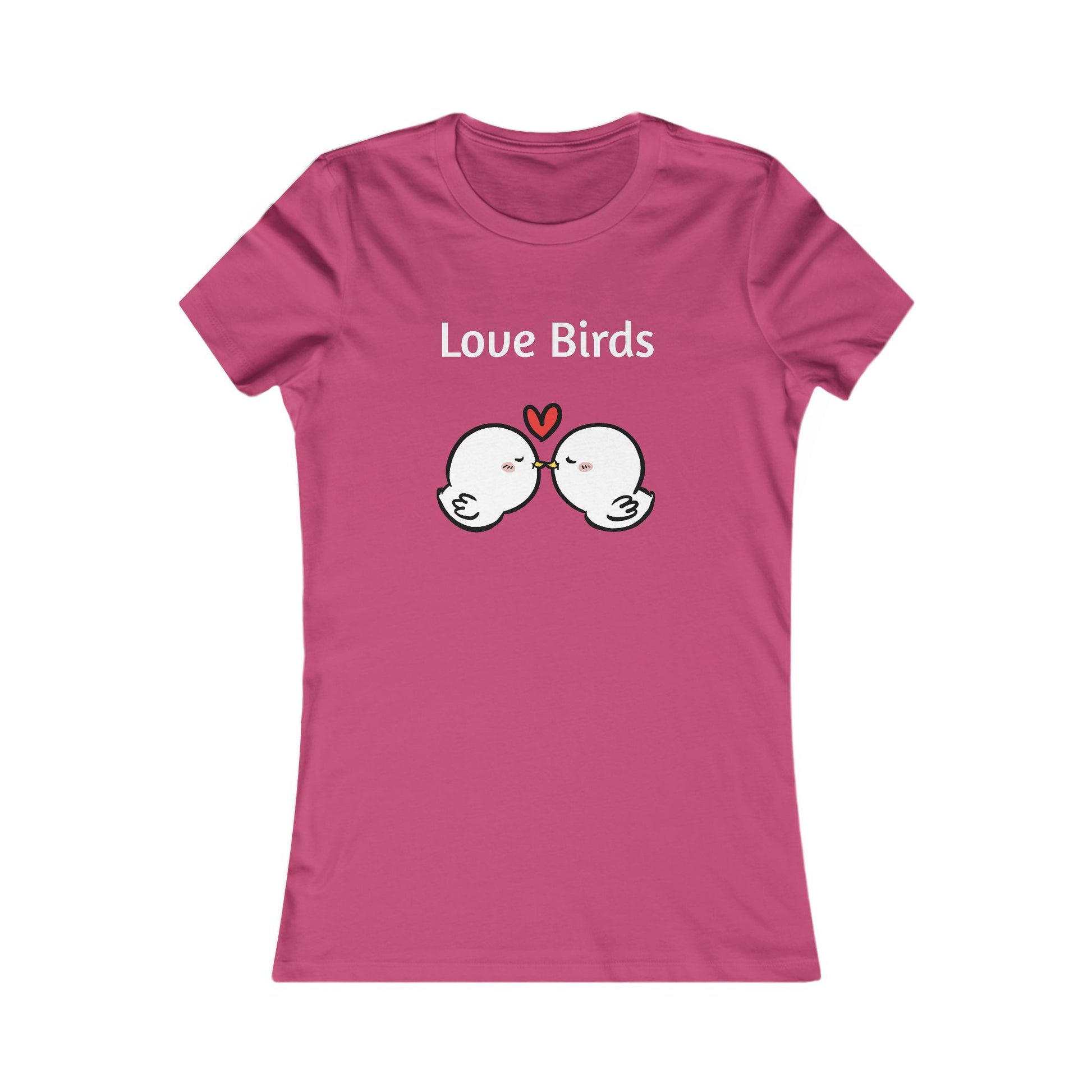 Pink Printify ladies t with Love Birds text and two kissing cartoon birds graphic