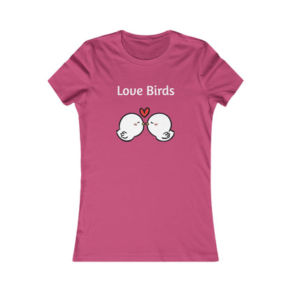 Pink Printify ladies t with Love Birds text and two kissing cartoon birds graphic