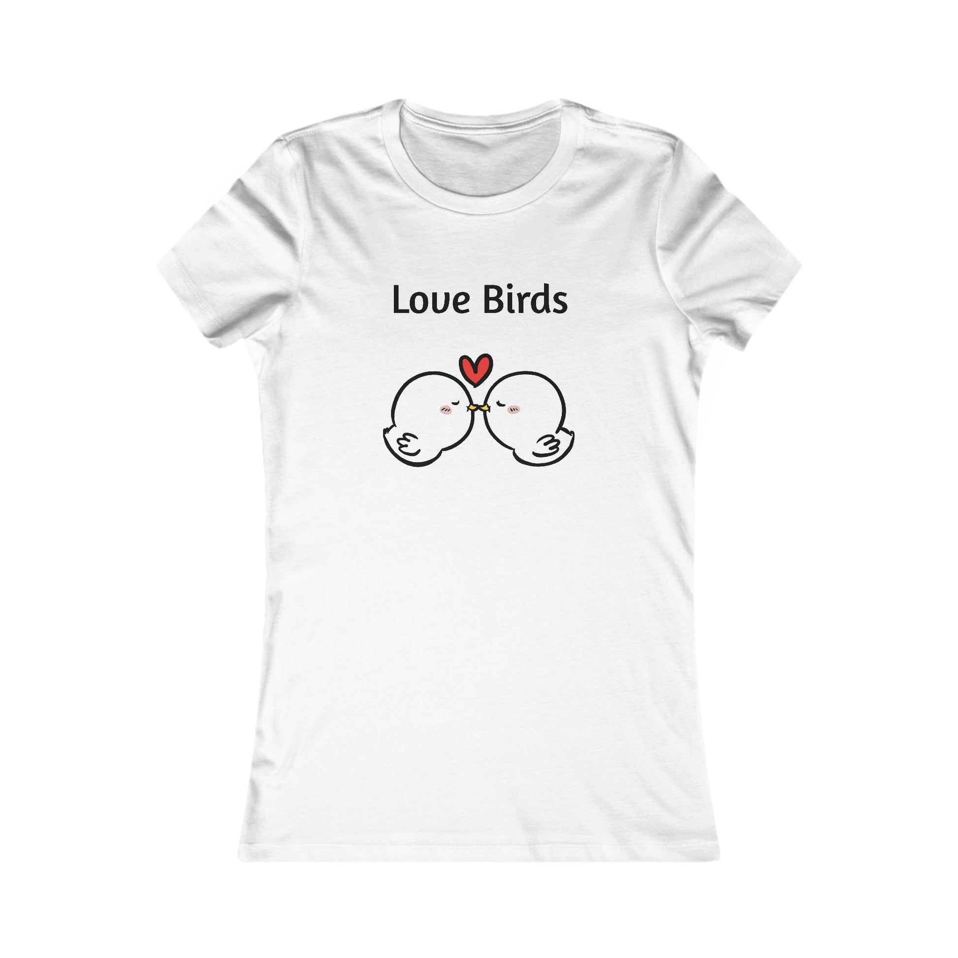White ladies t with cute Love Birds design and red heart graphic from Printify