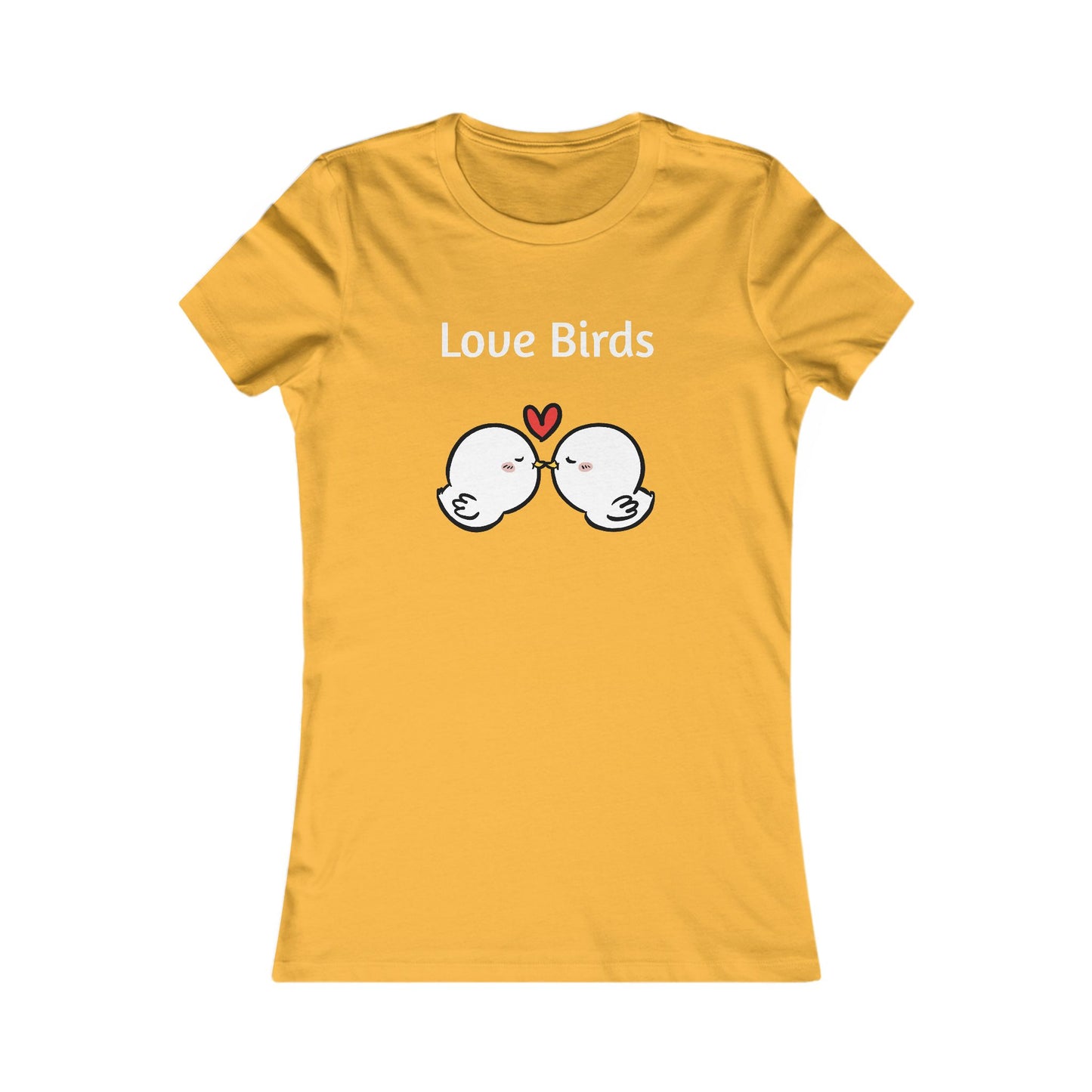 Yellow Printify ladies t with Love Birds cute cartoon kissing birds graphic