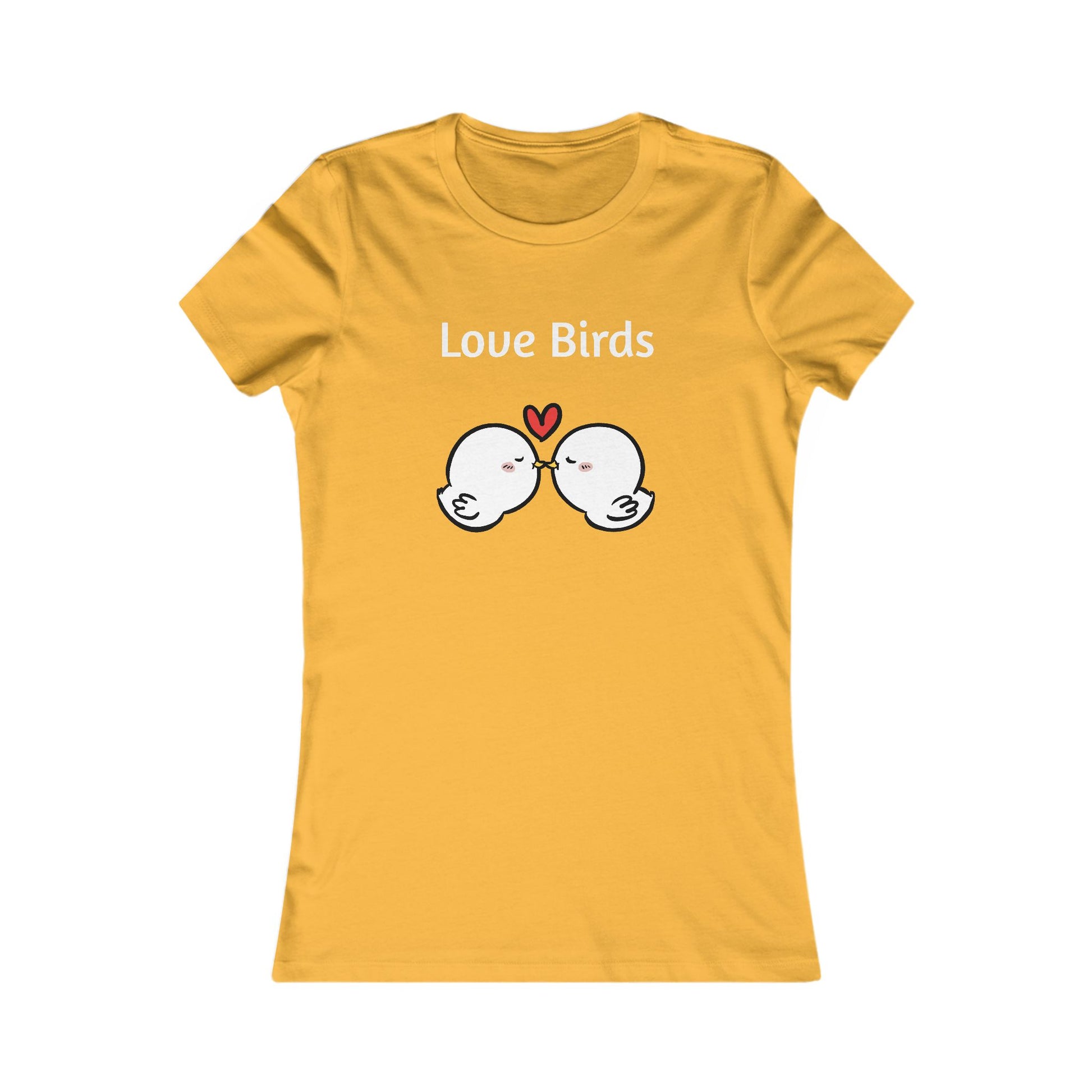 Yellow Printify ladies t with Love Birds cute cartoon kissing birds graphic