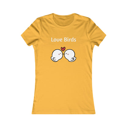 Yellow Printify ladies t with Love Birds cute cartoon kissing birds graphic
