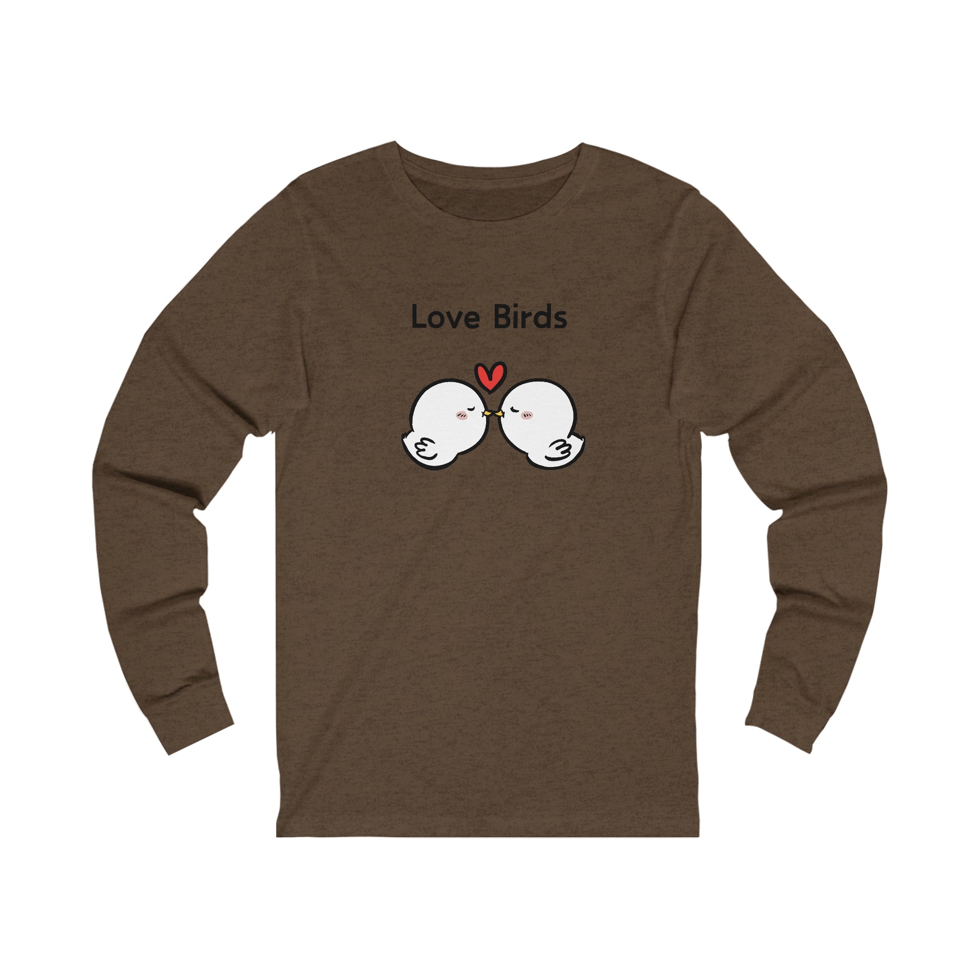 Brown long sleeve clothes with cute love birds graphic and heart design from Printify