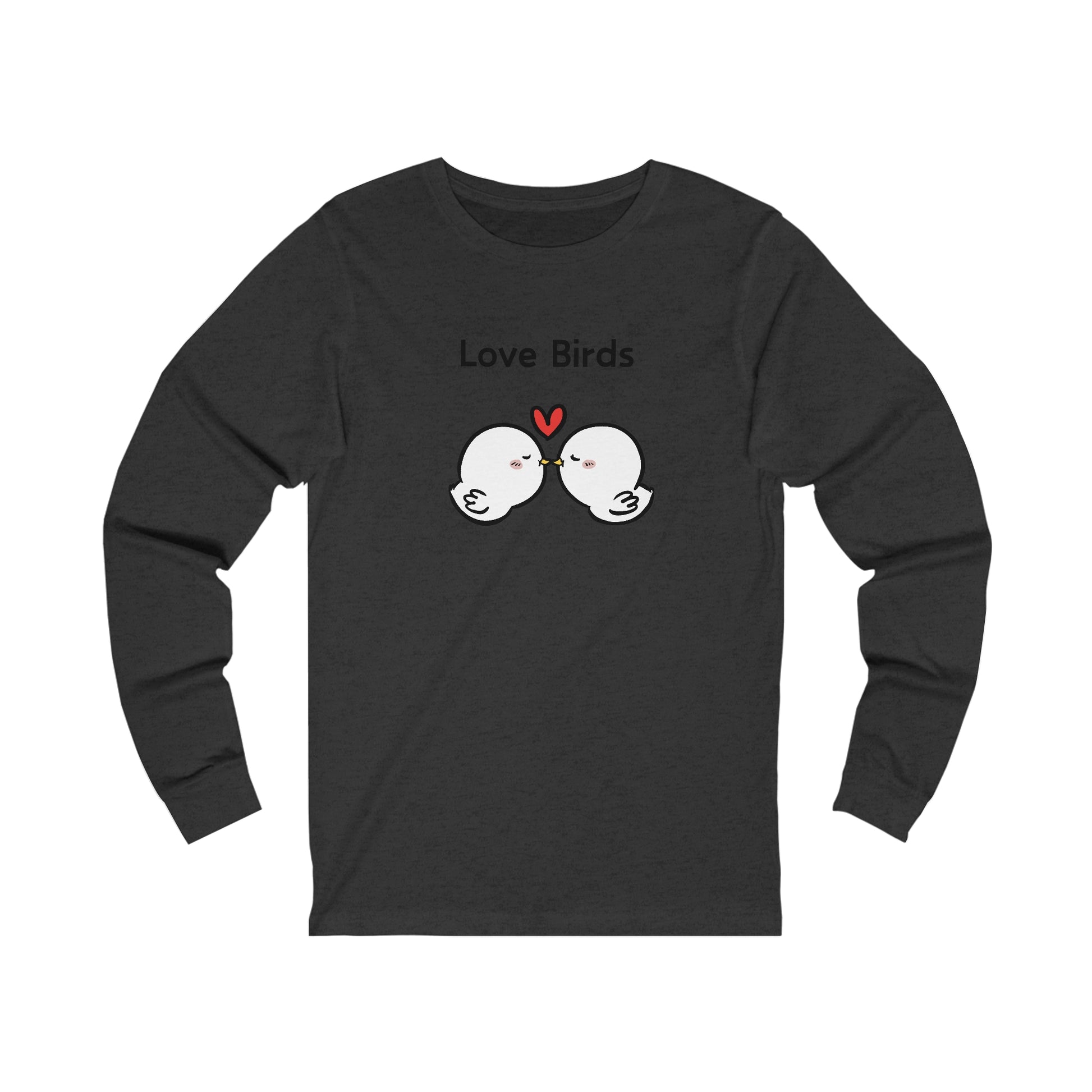 Printify black long sleeve clothes with cute love birds graphic and heart design