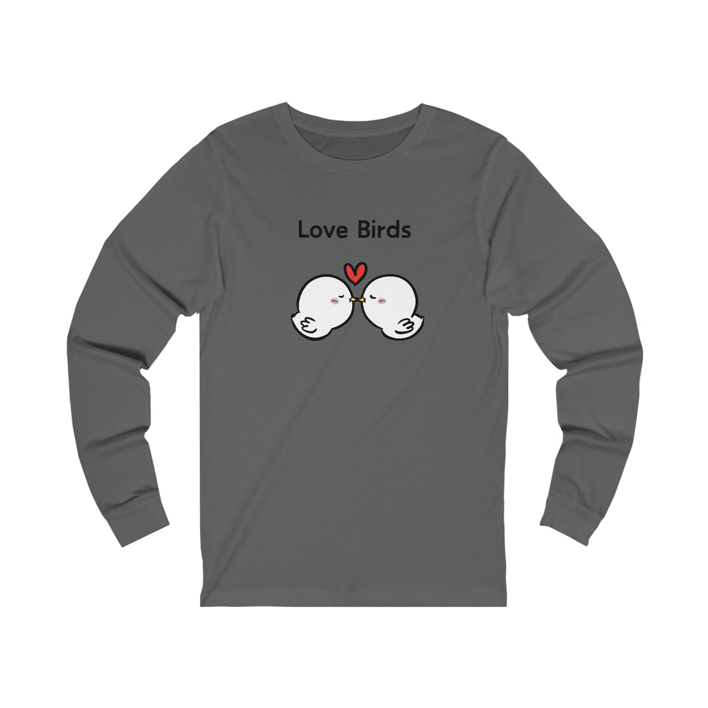 Printify gray long sleeve clothes with cartoon love birds and heart design on front