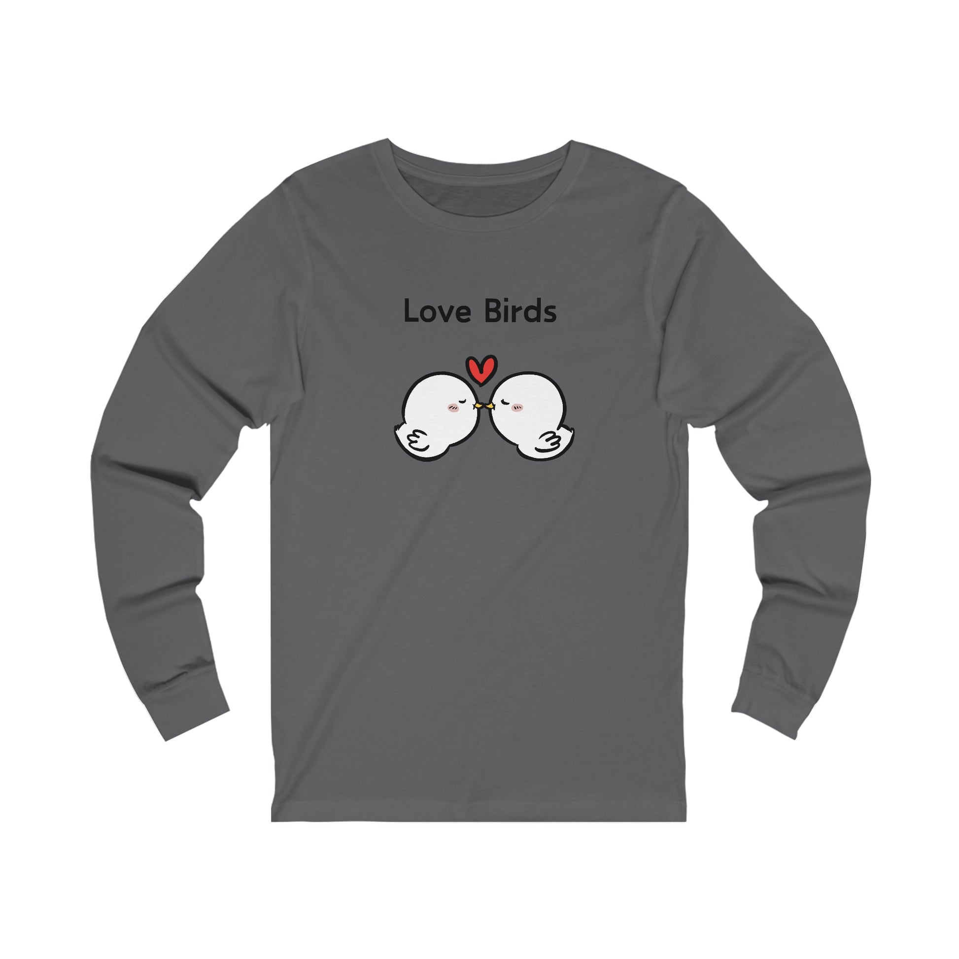 Printify gray long sleeve clothes with cartoon love birds and heart design on front