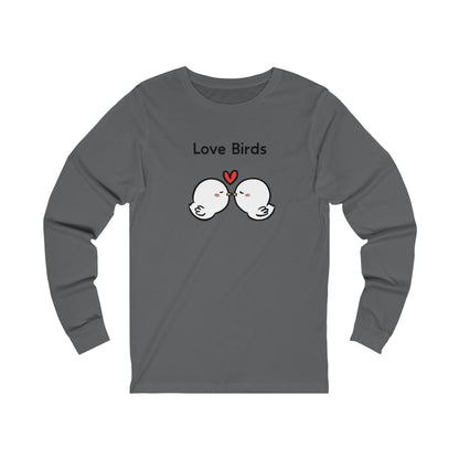 Printify gray long sleeve clothes with cartoon love birds and heart design on front