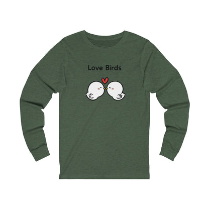 Printify green long sleeve clothes with Love Birds cartoon design and heart graphic