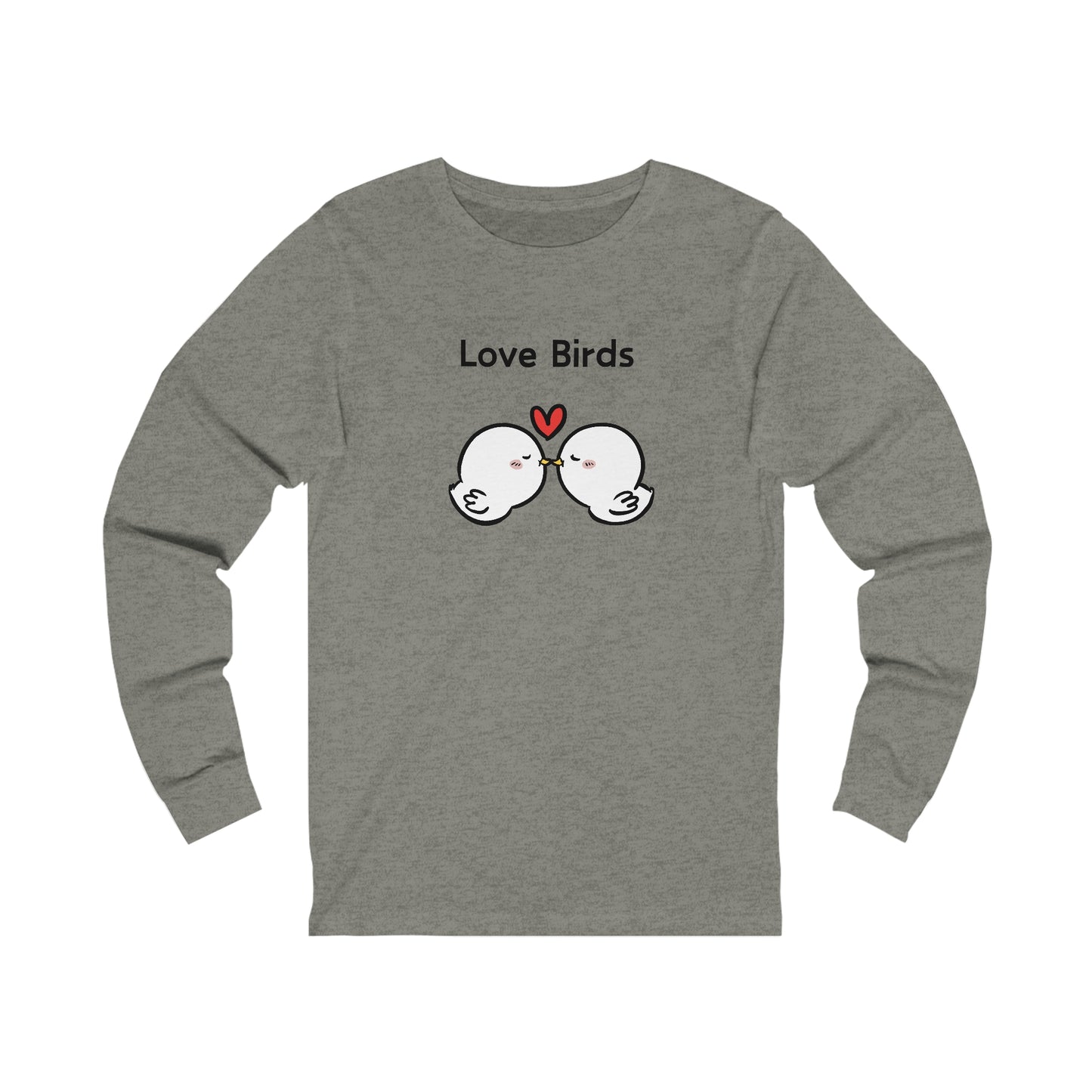 Gray Printify long sleeve clothes with Love Birds cartoon design on the front