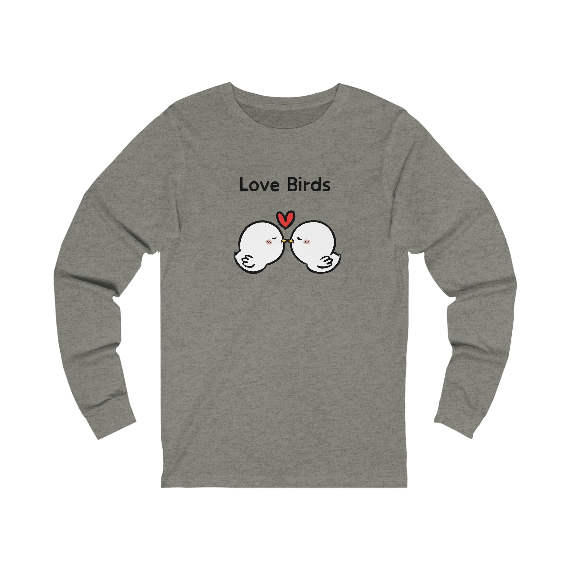 Gray Printify long sleeve clothes with Love Birds cartoon design on the front