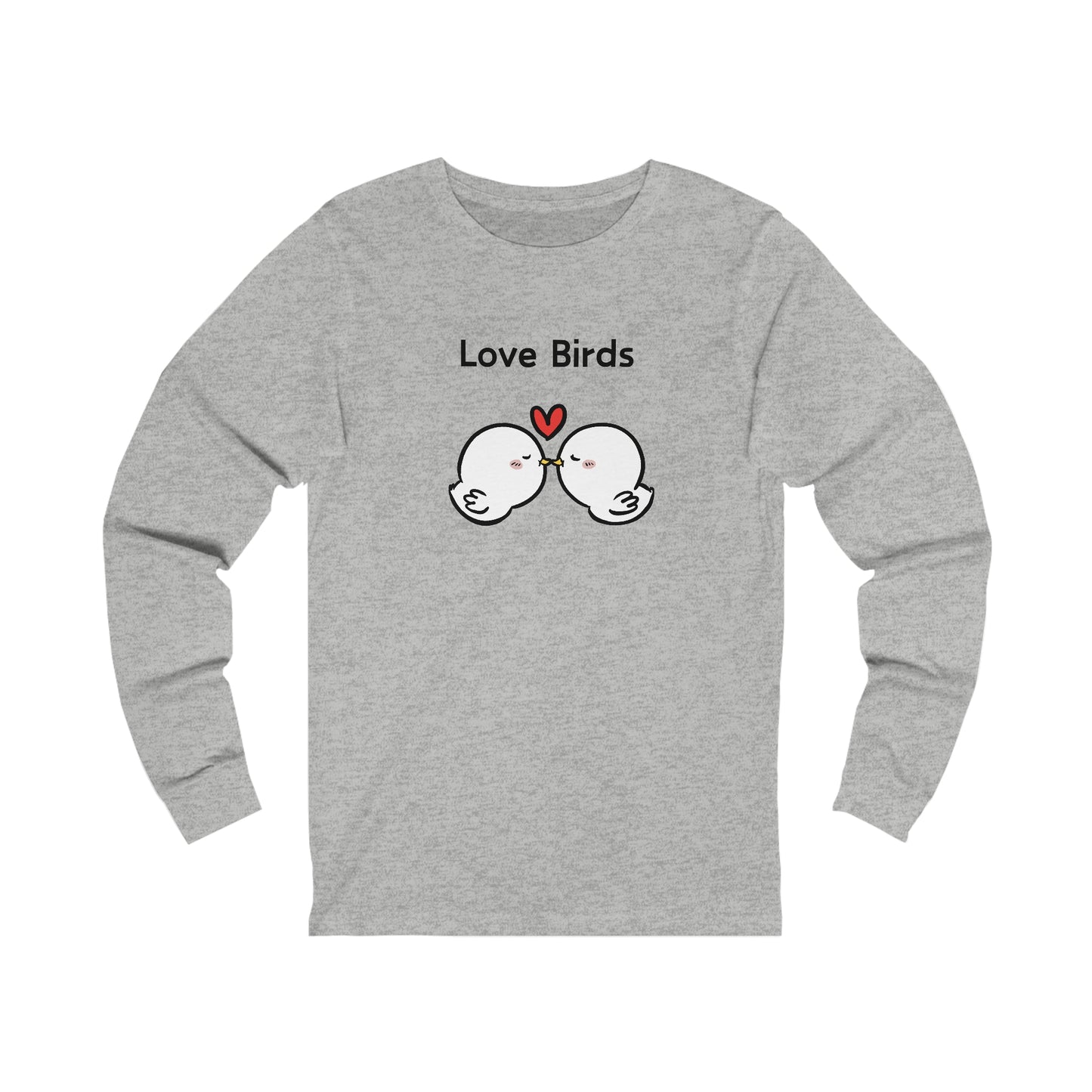 Gray Printify long sleeve clothes with Love Birds graphic of two kissing white birds and a red heart