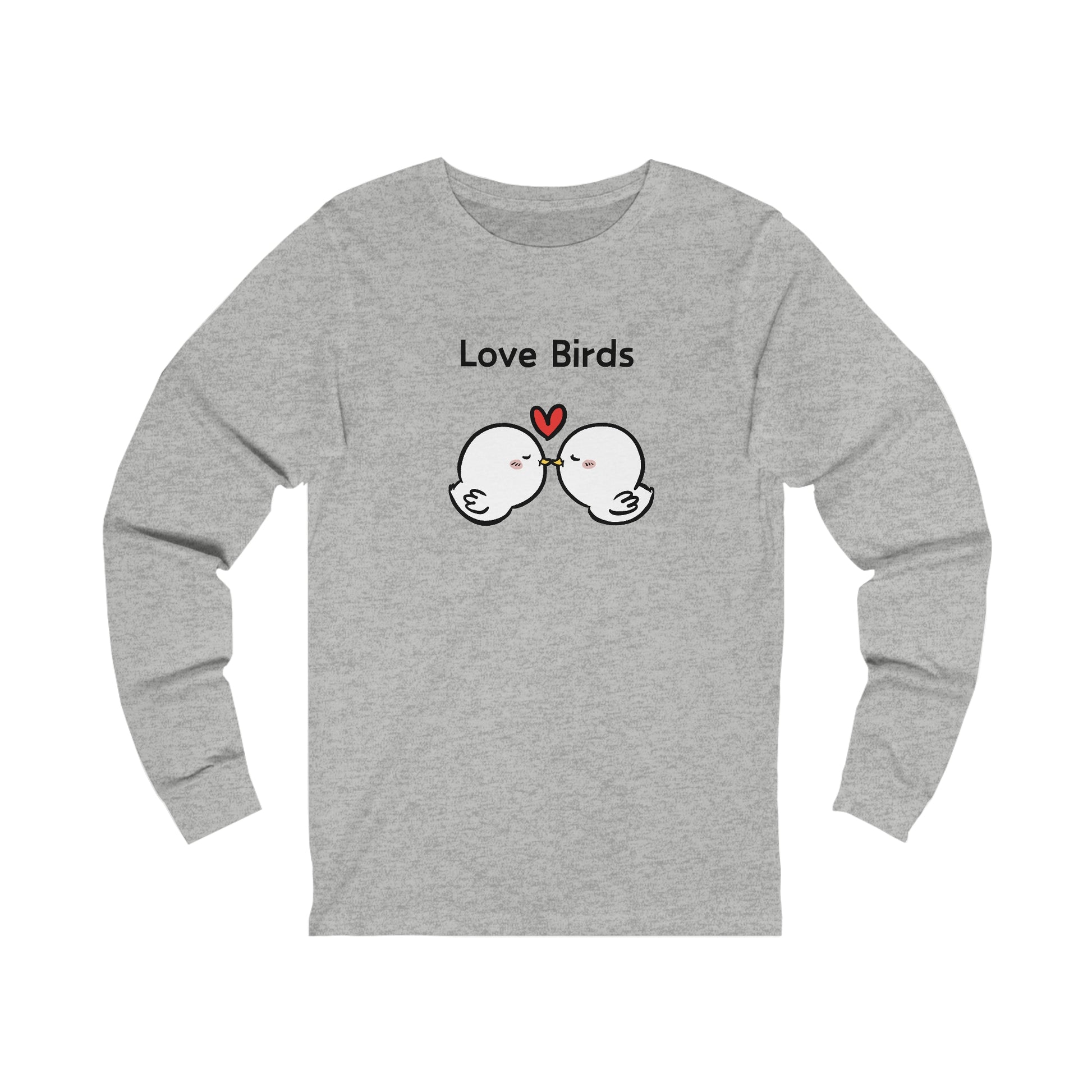 Gray Printify long sleeve clothes with Love Birds graphic of two kissing white birds and a red heart